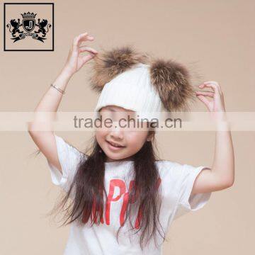 Lastest Design Knit Beanie Kids Knitted Winter Double Raccoon Fur Pom Poms Warm Children Hat