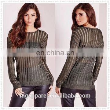 outdoor women custom fashion khaki knitted vertical stripes sweaters