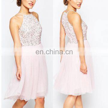 OEM Clothing Off Shoulder Sequin Bodice Tulle Sexy Free Midi Prom Dress for Girls