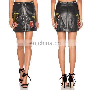 China suppliers clothing zipper front and back floral print leather skirt