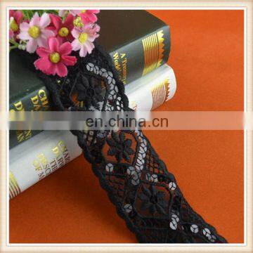 Hot sale balck polyester embroidery lace trimming with sequins in floral design custom for clothing