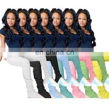 2020 Elastic Summer Stacked Leggings High Waist Sweatpants Women Joggers Bell Bottom Trouser Split Hem Flare Ruched Pant photo-3