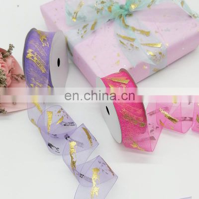 Wholesale Quality Gift Box Packaging 100% Polyester Gilding Snow Yarn Organza Satin Wired Ribbon