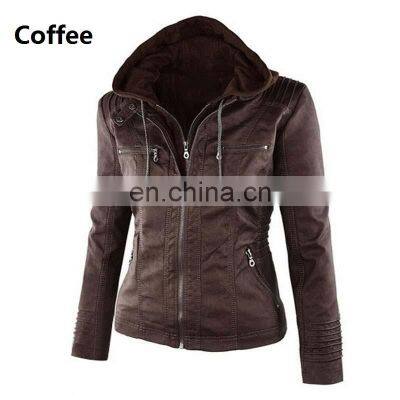Customized Wholesale Plus Size Women's Detachable Hooded Leather Jacket Coat Top Motorcycle Jacket PU Pilot Motorcycle Suit photo-4