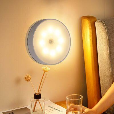 Rechargeable infrared light-controlled human body induction cabinet lamp two-color round wardrobe bedside induction lamp