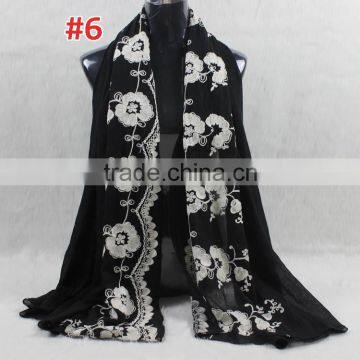 New Style Cotton Viscose Beautiful Flower Design Embroidery Shawl Scarf Quality Choice