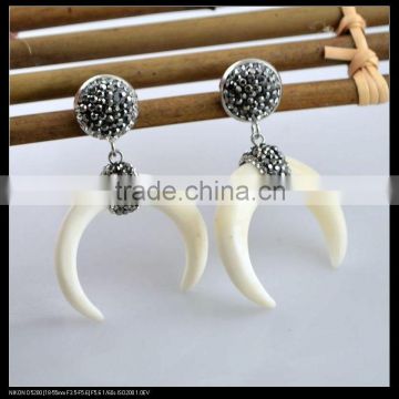 LFD-073E Wholesale White Bone Crescent Moon Horn Dangle Earrings , Crystal Rhinestone Paved Fashion Druzy Earring Charm Jewelry