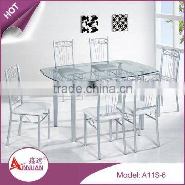 Best sale latest modern simple deisgn metal base 6 chairs size adjustable glass dining table for restaurant