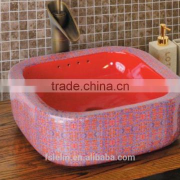 Handpainted ceramic art basin colorful countertop round sink porcelain flower edge bowl vanity top GD-F22