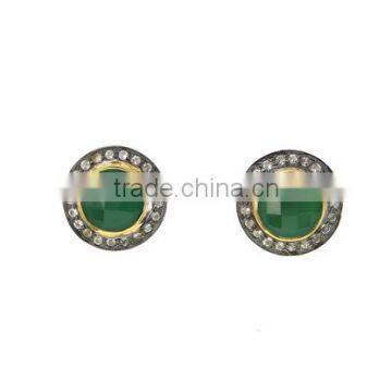 The Gopali Jewellers Gold Pave Zircon and Green Onyx Stud Earrings 925 Silver Gemstone Stud