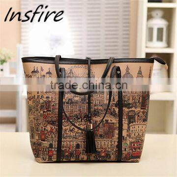 Women shopping tote shoulder bag britain style pattern convenient hangings tassel bags