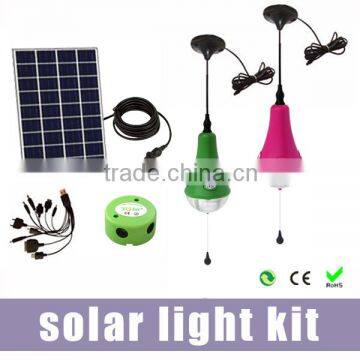 Rechargeable solar lighting system for indoor/camping/emergency with LED bulbs and phone charger