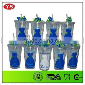 16oz double wall plastic wedding tumbler gift with straw