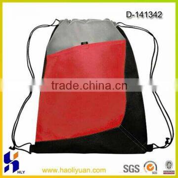 polyester sports drawstring bag with front slip pocket for storage