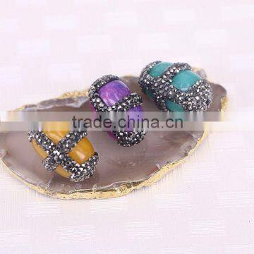 Mixed Color Cylinder Malaysian jade stone beads, crystal rhinestone paved connector druzy gem stone for jewelry making