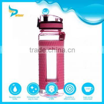 Hot selling custom glass sport water bottle voss water glass bottle wholesale with silicone sleeves