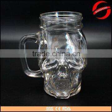 Skull head glass jar with handle for drinking