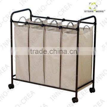 Rolling Quad Sorter Laundry Hamper With Natural Polyester Bags, Antique Bronze Frame