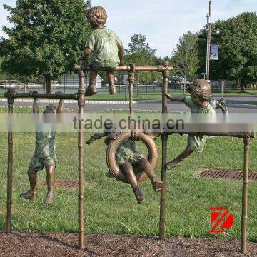 Bronze sport children sculptures playing horizontal bar