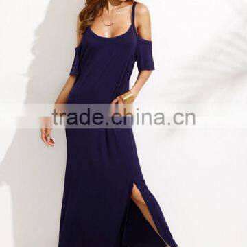 Woman Navy Pocket Cold Shoulder Split Maxi Dress photo-4
