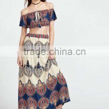 Vintage Print off the Shoulder Crop Top With Skirt Boho Clothing Top and Long Skirt Set photo-2