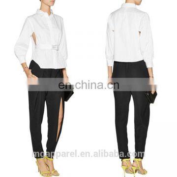 wholesale latest shirt designs for women belted sexy cut out 100 cotton poplin white shirt