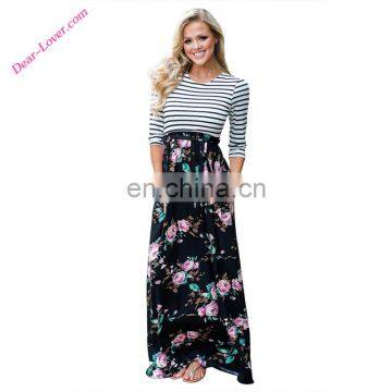 Black Floral Skirt Three Quarter Sleeve Cute Striped Maxi Dresses with Tie Waist