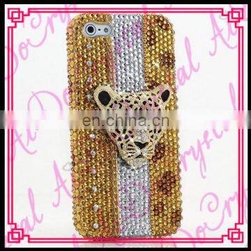 Aidocrystal new bling bling gold crystal leopard head jeweled cell phone case handmade for iphone 7/7plus