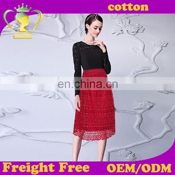 2016 Fashion women flared lined lace skirt with calf length