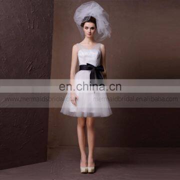 Elegant V- Neck Tea Length A-line Wedding Dress Black Sash