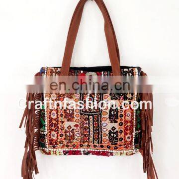 Vintage Banjara Handbag Leather Fringe Handbag- Genuine Leather Hand Bag Banjara Gypsy Tote Bags-Indian Ethnic Banjara Style bag