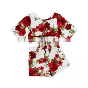 Short sleeve printing flower bowknot Top and short pants Soft cute set Wholesale girl boutique clothing set