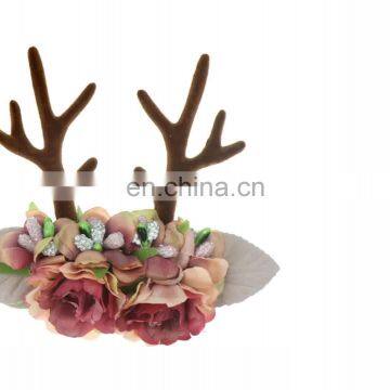 Wholesale boutique rose cute little girls antler flower christmas headband for kids handmade baby headbands