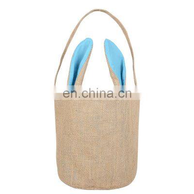 Spring New Update Easter Decor Burlap Bags Jute Tote Bag Easter Baskets Toy Buckets With Bunny Pompom Tail Kids Tote Basket photo-2