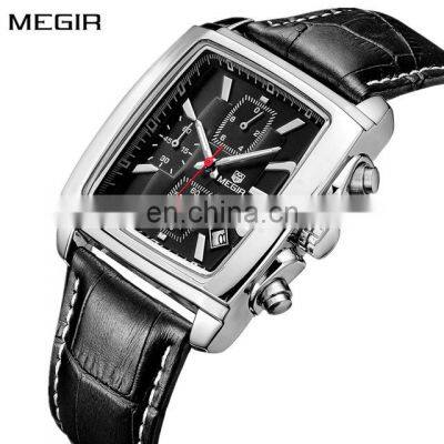 Megir 2028 Casual Leather Band Analog Quartz Calendar Chronograph Square Drop Shipping Watches Waterproof Male Timepiece