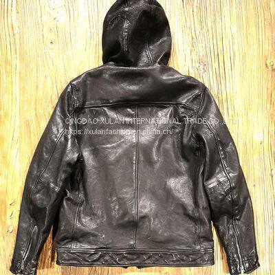 Men's Fashion Genuine Vegetable Sheepskin Leather Jacket With Hood photo-5
