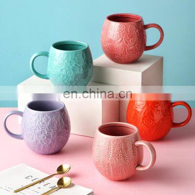 Wholesale 3D Ceramic Mug 20 Oz Ceramic Relief Butterfly Cup Straight Egg Tazas De Loza Flower Cup Ceramic Mugs For Wedding Gifts