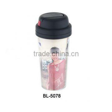 450ml double wall promotional plastic mug ,can insert advertising paper BL-5078