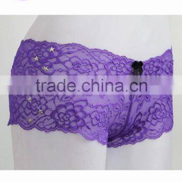 purple sexy full lace transparent woman panties with star metal decorated