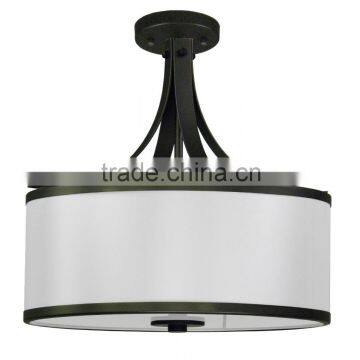 3 light semi-flush ceiling light(Lampara de techo)in chrome finish with a large,16" silk look black stealth fabric shade