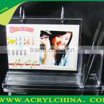 clear acrylic desk calendar display stand with a pen box, transparent plexiglass calendar holder with 222*60*170mm