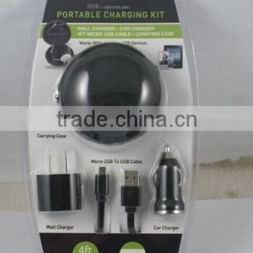 Top sale 4 in 1 charger set wall charger +car charger+USB Cable+EVA Zipper bag with FCC,CE ,CA65,VI Compliant