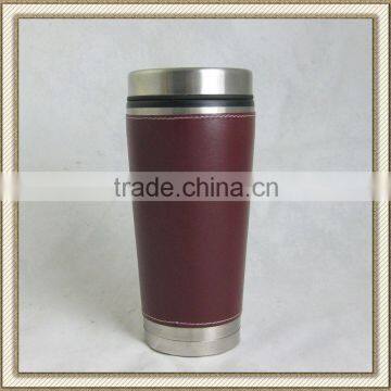 16oz travel mug stainless steel outer, pp inner with leather cover outer no handle