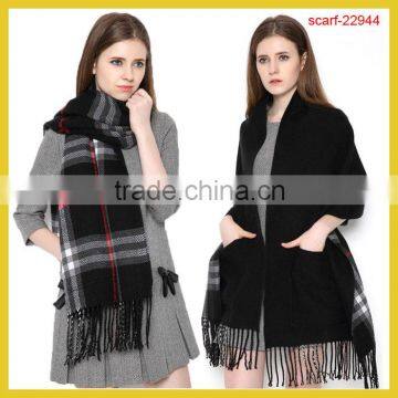 2015 Fashion New Womens Winter Genuine Camel Cashmere Wool Plaids Scarf Shawl Pashmina Wraps with Pockets Double side double use