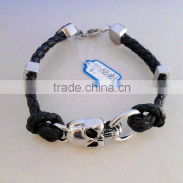 new arrival bracelet, skull head leather bracelet, genuine leather bracelet with steel clasp,skull leahter bracelet AB036