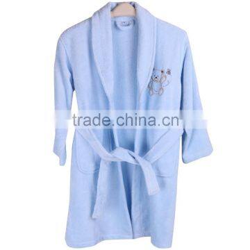 Light Blue Velour Child Bathrobe Shawel Collar With Cute Embroidery