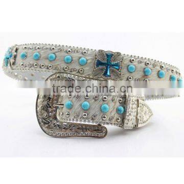 Women Turquoise Concho studded cowgirl western hair on hide belt strap