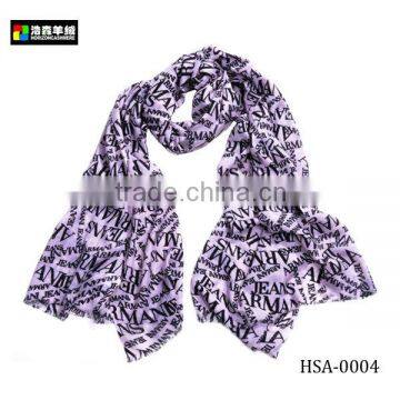 Letters Printed Cashmere Custom Scarf, Ladies Digotal Printing Purple Cashmere Scarf