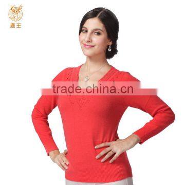 Women Pure Cashmere Knit Sweater, Red Mongolian Delicate Neck Pullover