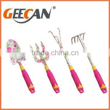 4pcs kids garden tools set floral printing shovel,rake,fork with plastic handle